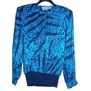 Vintage Adrianna Papell 100% Silk Blouse Turquoise Black Animal Print Size 6